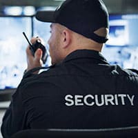 Male security guard, radio and speaking by cctv monitor for protection, data center or building safety. Inspection, video surveillance agency and control room with footage, back view and computer
